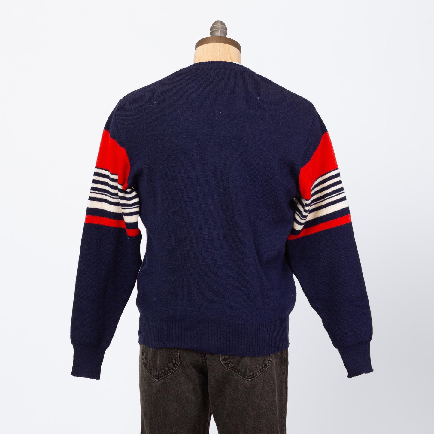 Vintage 80s Australia Wool Knit Sweater - Large | Navy Blue Striped Intarsia Pullover Jumper