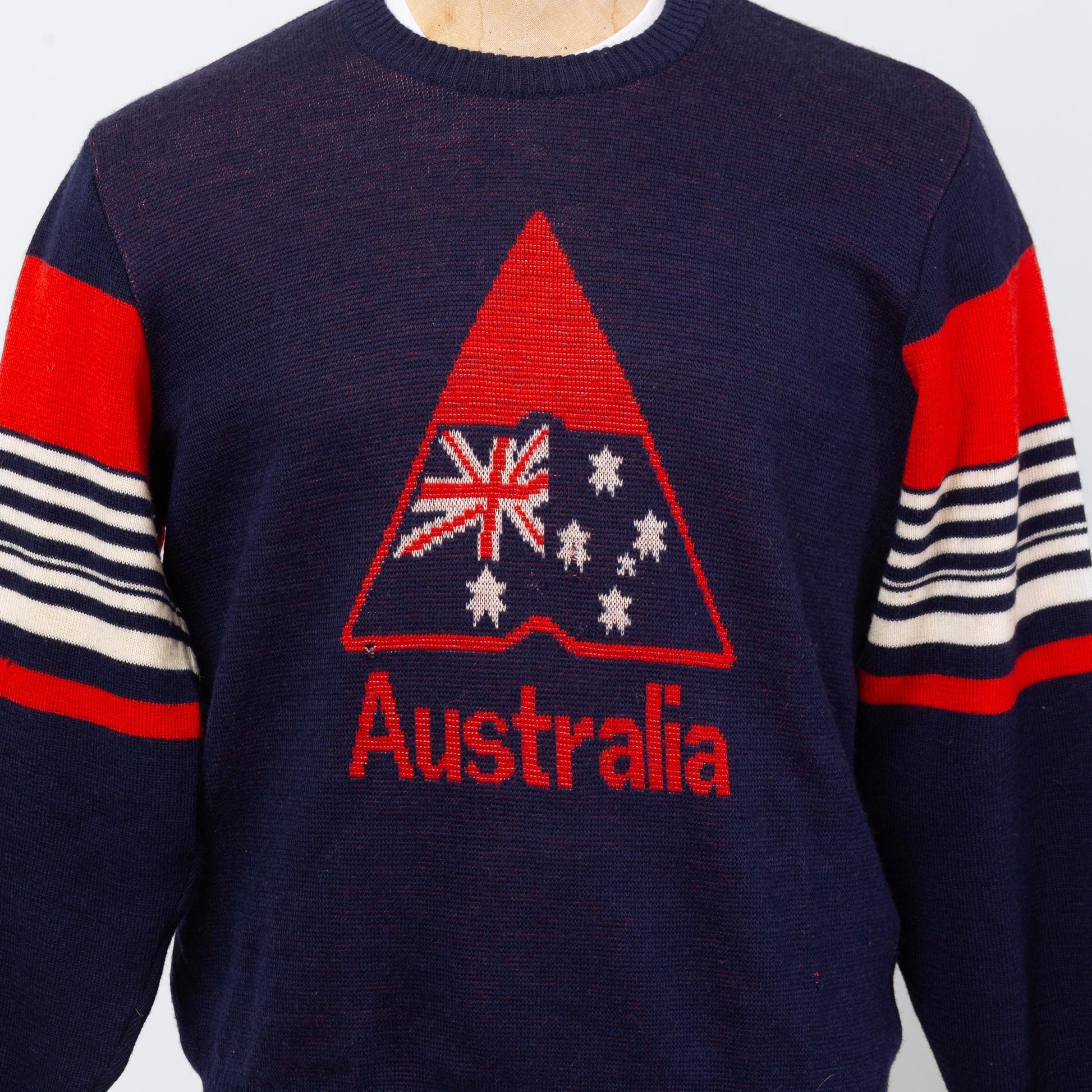 Vintage 80s Australia Wool Knit Sweater - Large | Navy Blue Striped Intarsia Pullover Jumper