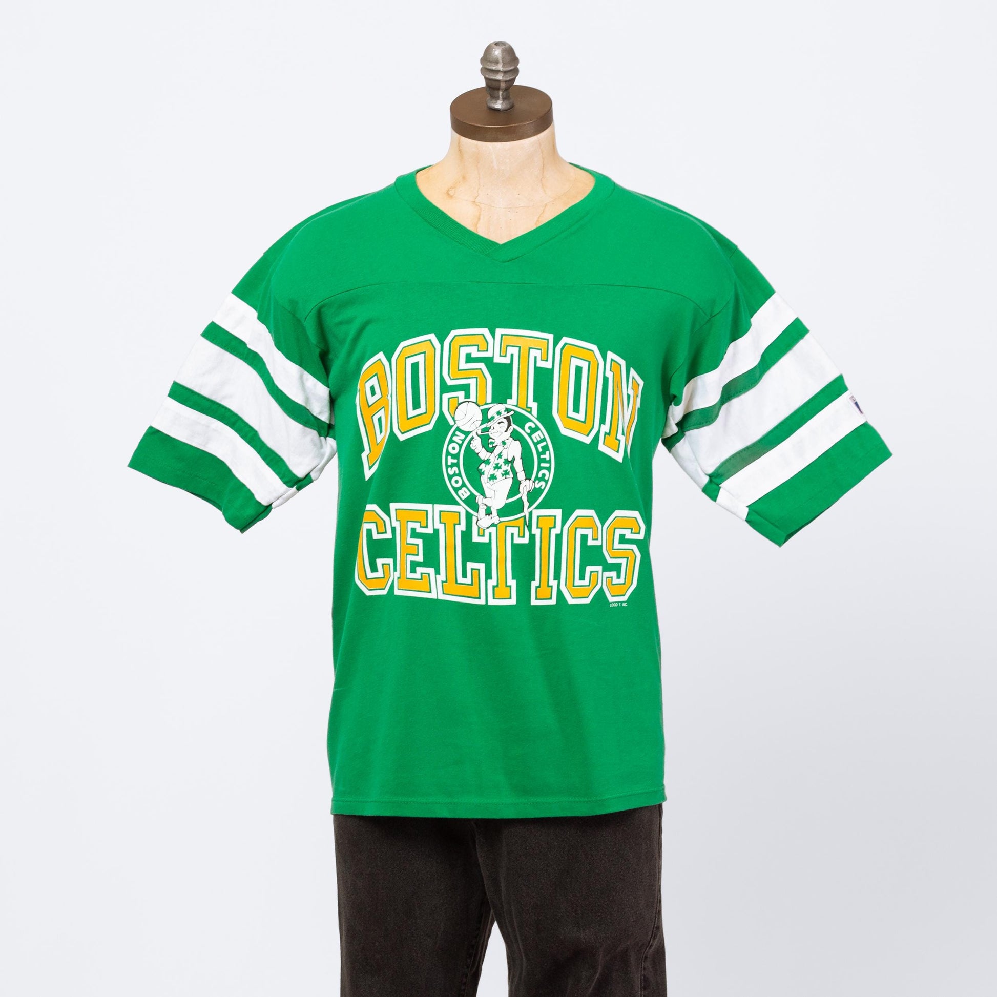 Vintage 80s Boston Celtics Striped Jersey T Shirt - Large | Logo 7 Green NBA Basketball Tee