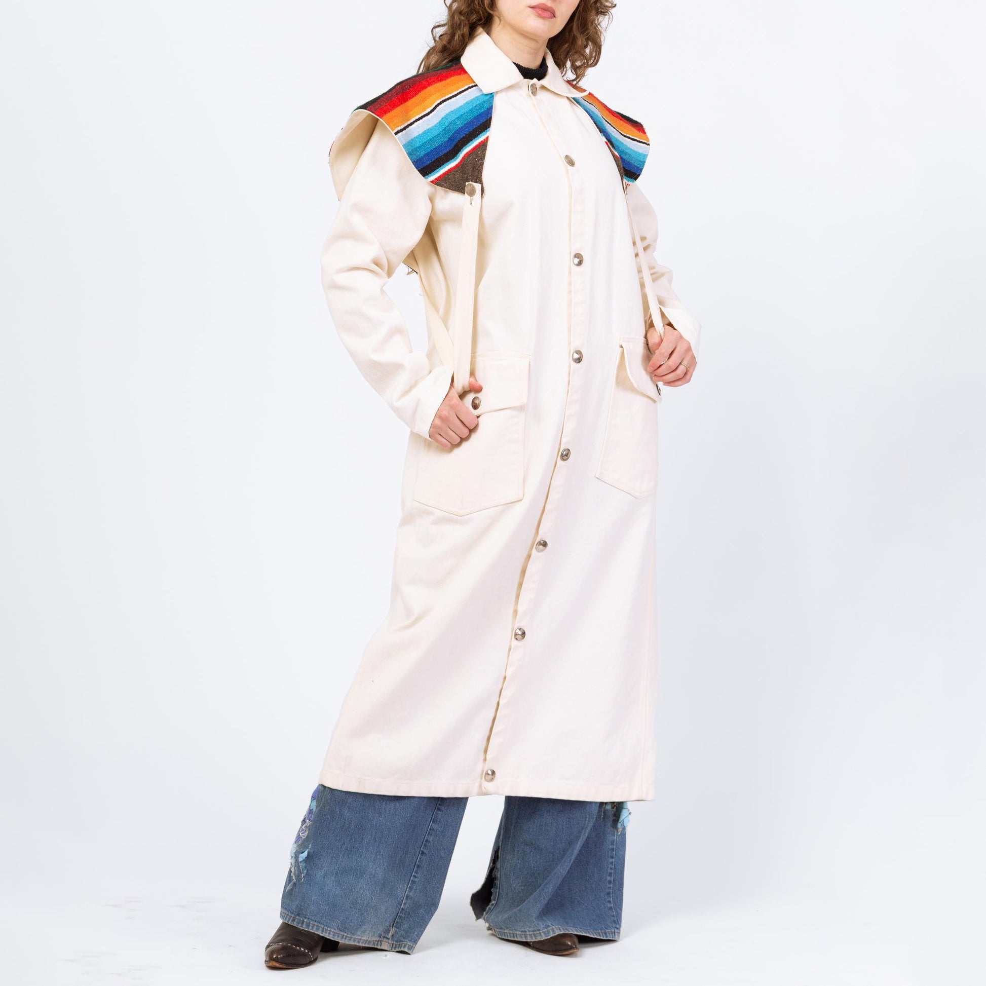 Vintage 70s 80s Western Stockman White Denim Trench Coat - One Size | Serape Blanket Striped Long Snap Up Duster Jacket
