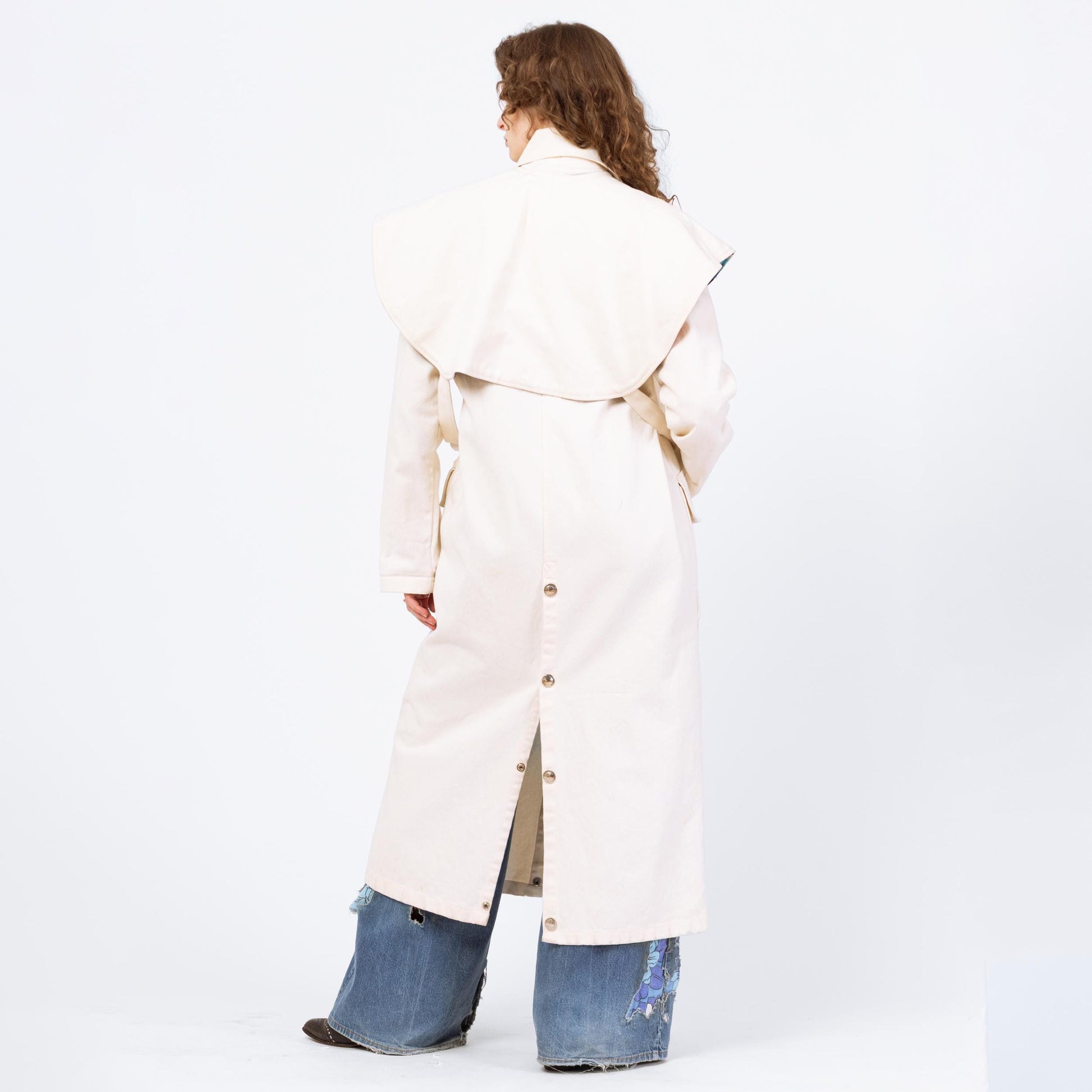 Vintage 70s 80s Western Stockman White Denim Trench Coat - One Size | Serape Blanket Striped Long Snap Up Duster Jacket