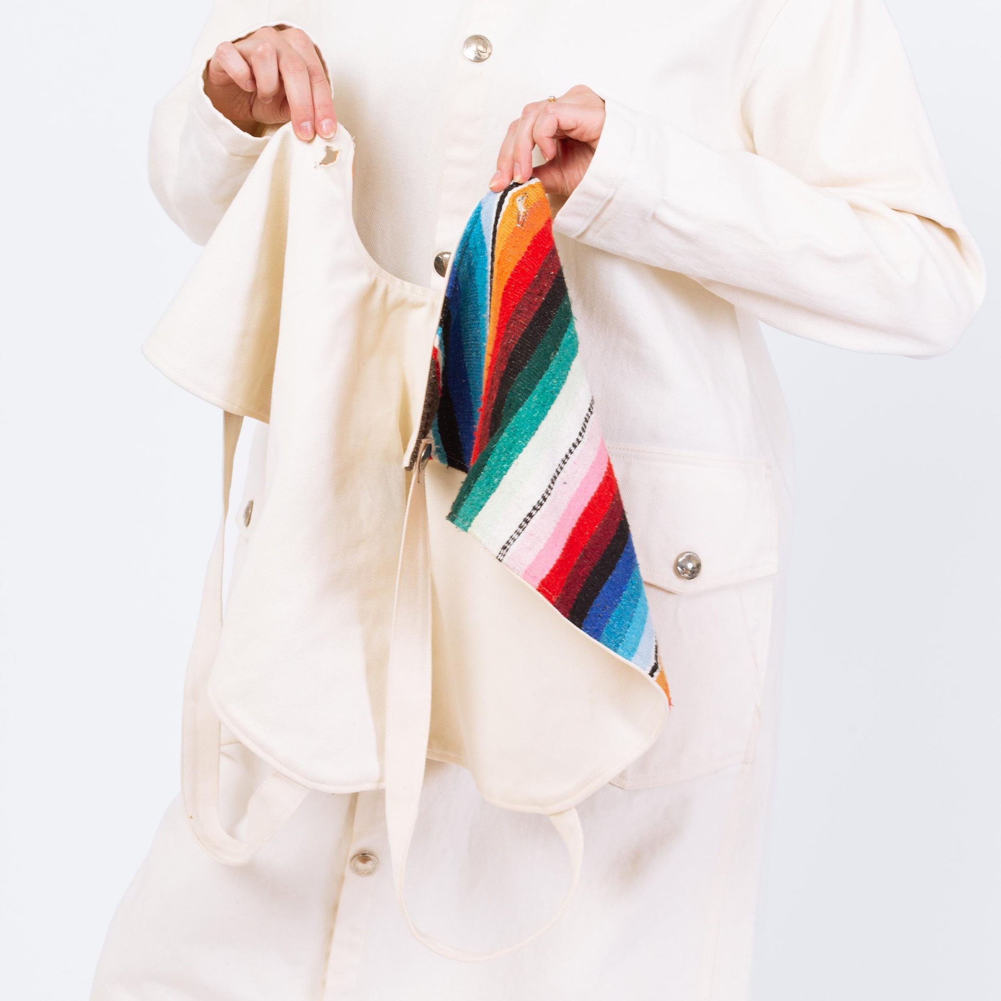 Vintage 70s 80s Western Stockman White Denim Trench Coat - One Size | Serape Blanket Striped Long Snap Up Duster Jacket