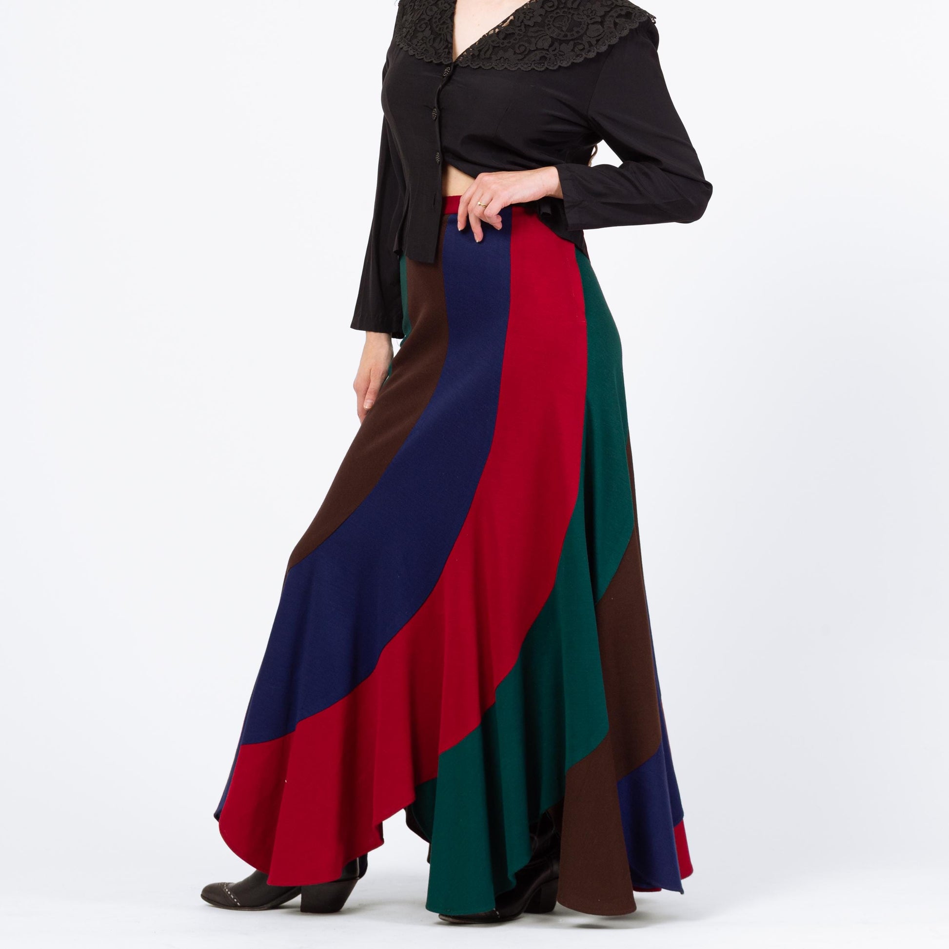 Vintage 70s Mod Jewel Tone Striped Maxi Skirt, NWT - Medium, 28" | High Waisted Scalloped Hem Long Hippie Skirt