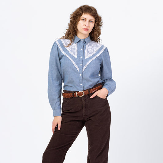 Vintage 70s Chambray Lace Yoke Western Shirt - Medium | Boho Collared Button Up Prairie Top