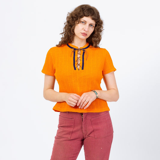 Vintage 60s 70s Orange Knit Lace Up Crop Top - Medium | Boho Short Sleeve Cropped Hippie Shirt