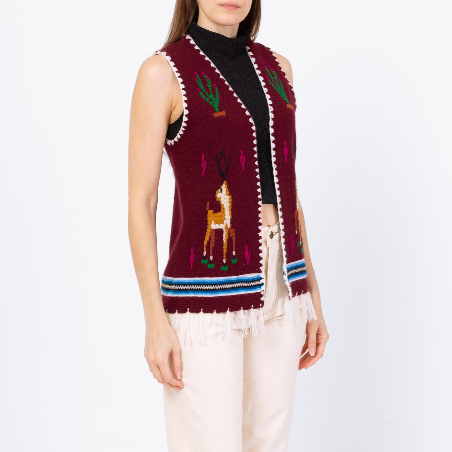 Vintage 70s Boho Deer & Cactus Knit Sweater Vest - Small | Plum Purple Western Fringe Hippie Top