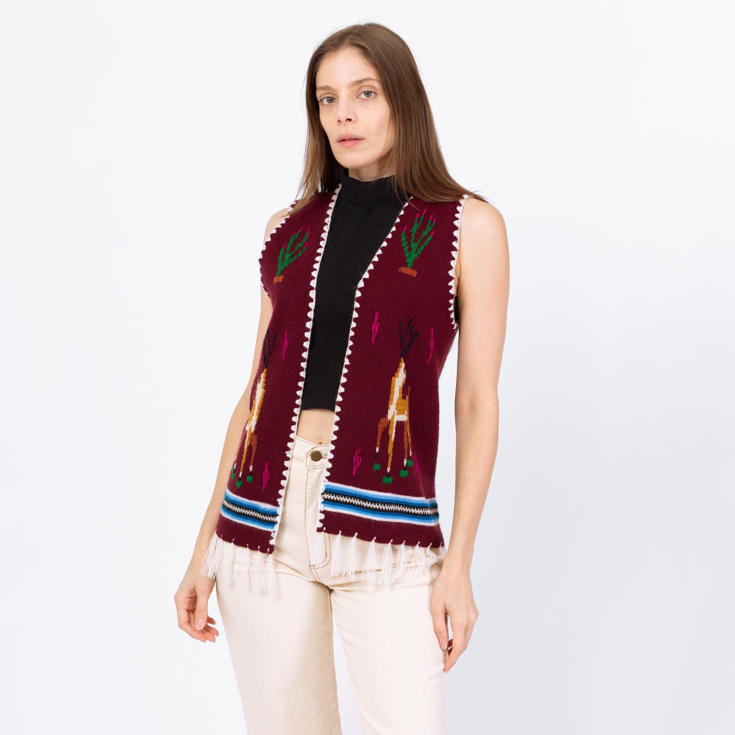 Vintage 70s Boho Deer & Cactus Knit Sweater Vest - Small | Plum Purple Western Fringe Hippie Top