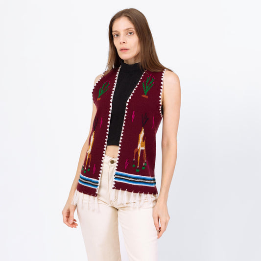 Vintage 70s Boho Deer & Cactus Knit Sweater Vest - Small | Plum Purple Western Fringe Hippie Top