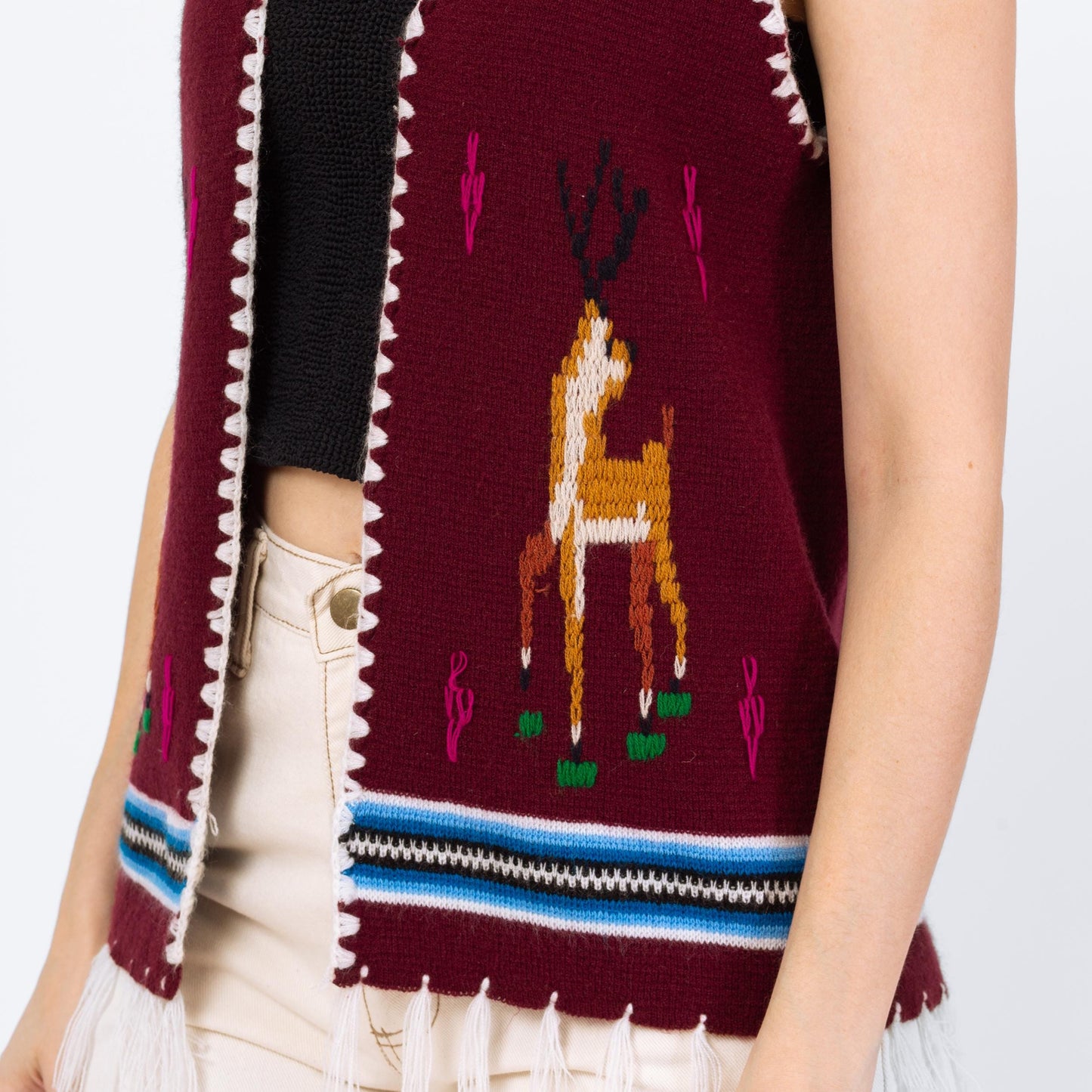 Vintage 70s Boho Deer & Cactus Knit Sweater Vest - Small | Plum Purple Western Fringe Hippie Top