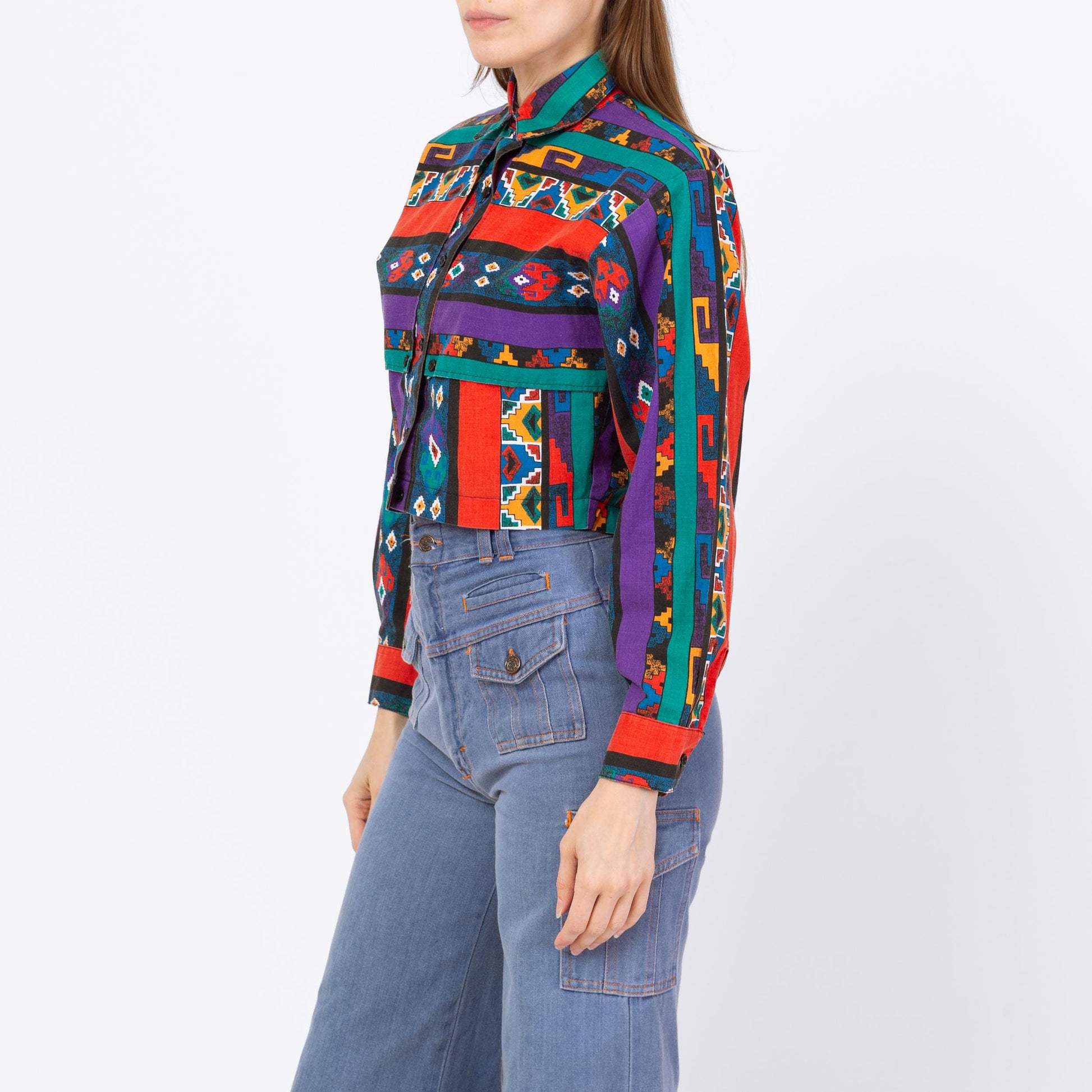 Vintage 90s Southwestern Striped Crop Top - Small | Banjo Texas Long Sleeve Collared Button Up Cropped Shirt