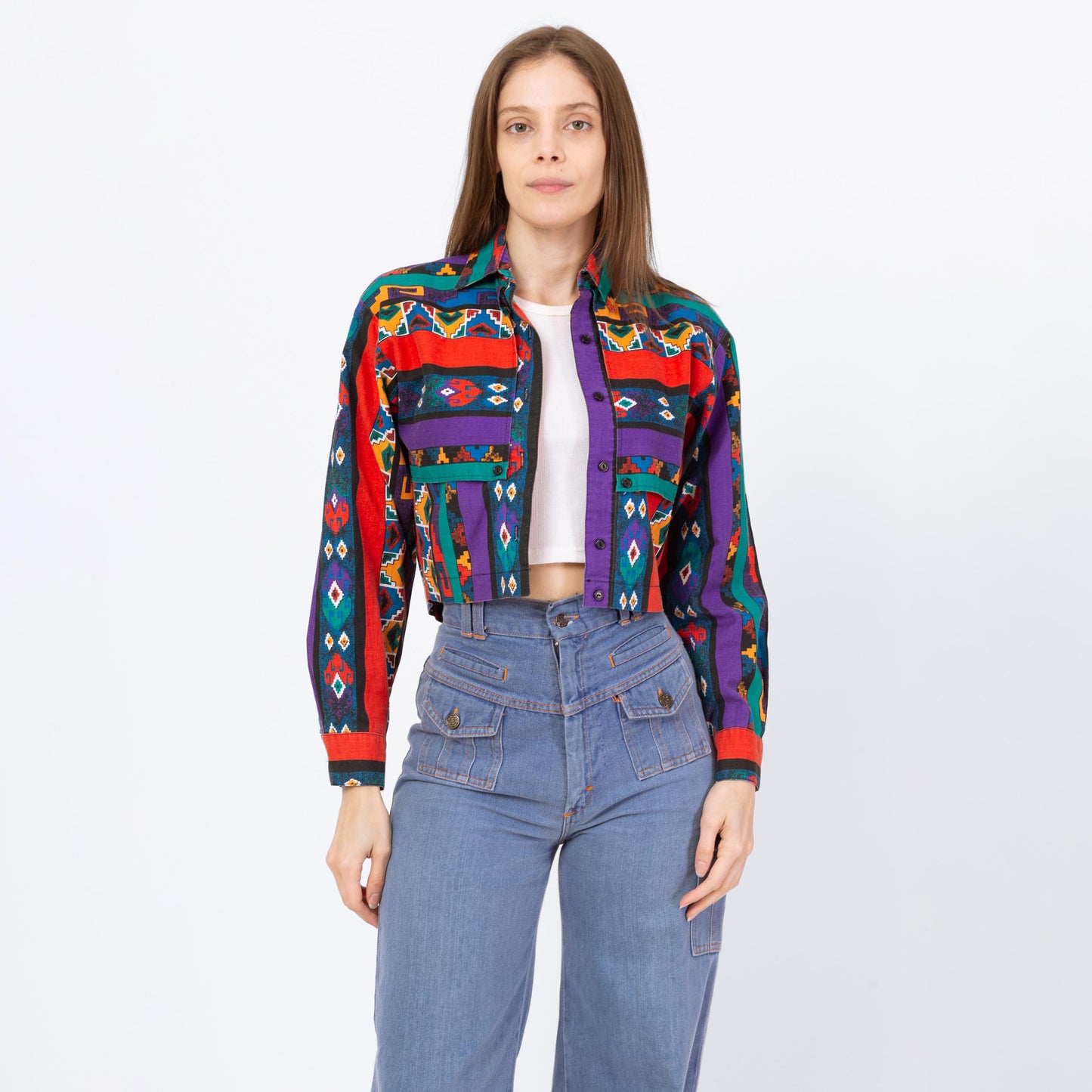 Vintage 90s Southwestern Striped Crop Top - Small | Banjo Texas Long Sleeve Collared Button Up Cropped Shirt