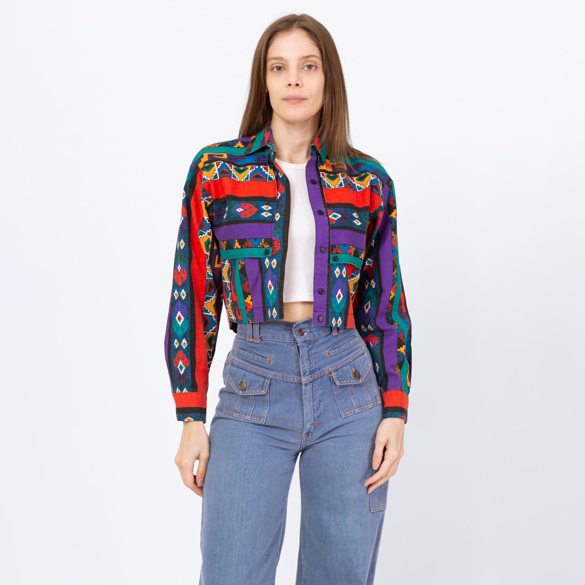 Vintage 90s Southwestern Striped Crop Top - Small | Banjo Texas Long Sleeve Collared Button Up Cropped Shirt