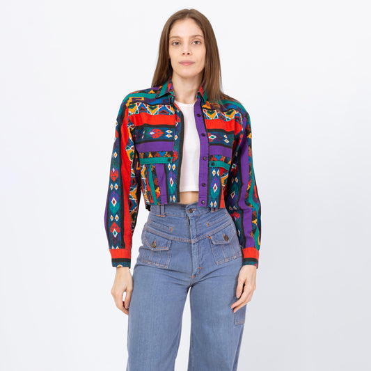 Vintage 90s Southwestern Striped Crop Top - Small | Banjo Texas Long Sleeve Collared Button Up Cropped Shirt