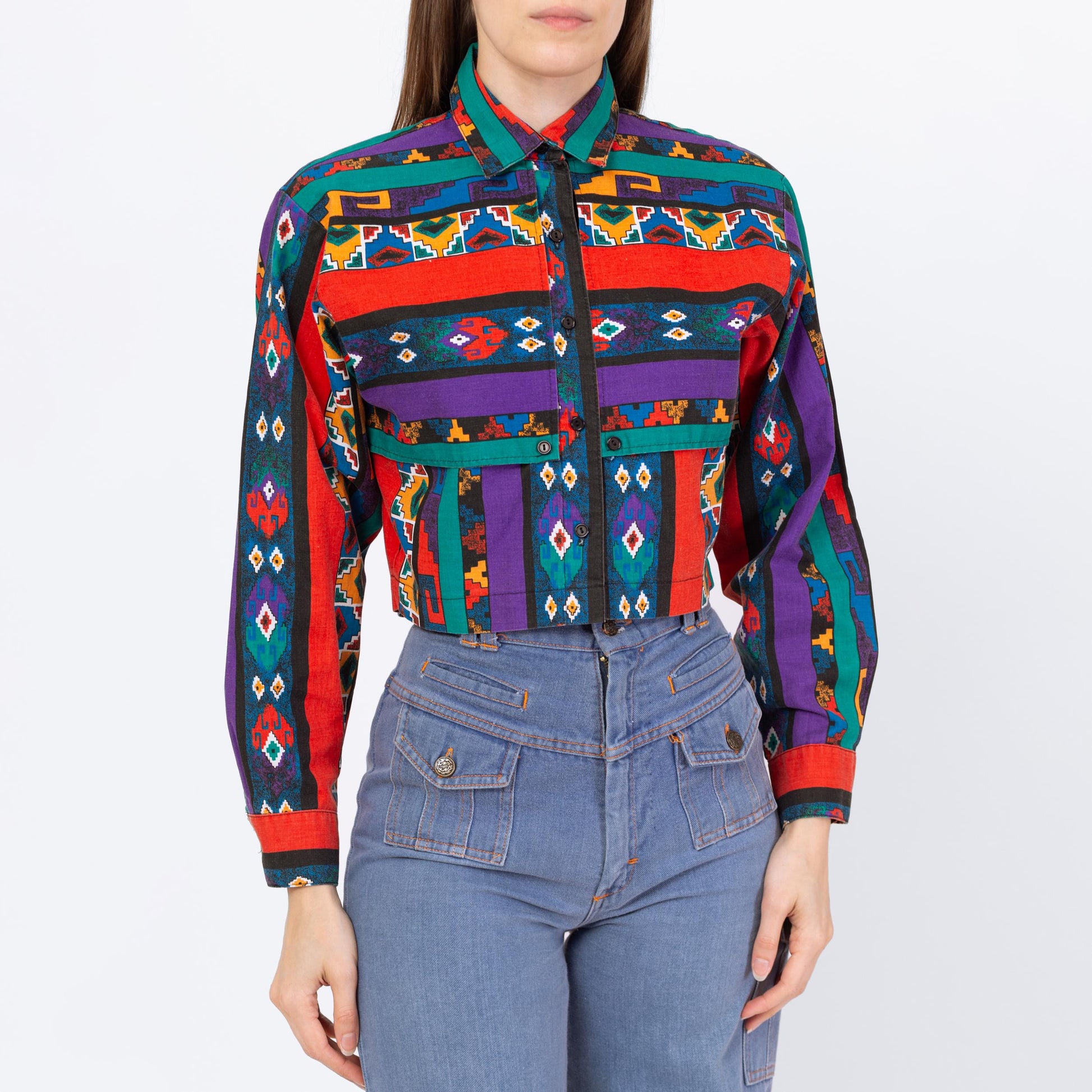 Vintage 90s Southwestern Striped Crop Top - Small | Banjo Texas Long Sleeve Collared Button Up Cropped Shirt