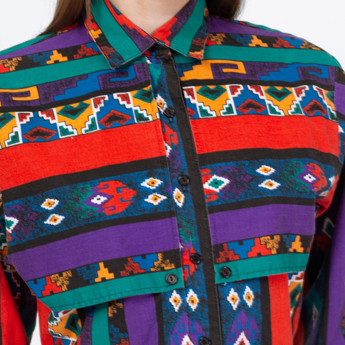 Vintage 90s Southwestern Striped Crop Top - Small | Banjo Texas Long Sleeve Collared Button Up Cropped Shirt