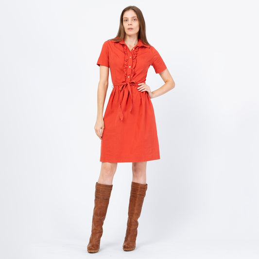 Vintage 50s 60s Salmon Pink Belted Shirtdress - Extra Small | Short Sleeve Ruffle Neck Button Up Mini Dress