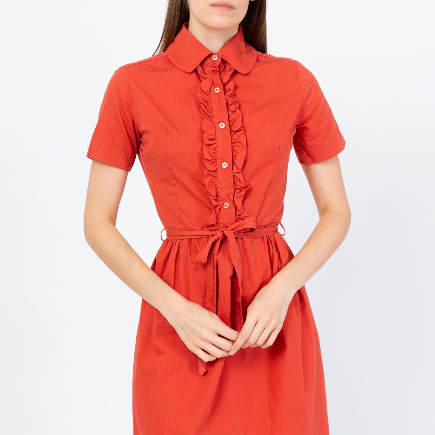 Vintage 50s 60s Salmon Pink Belted Shirtdress - Extra Small | Short Sleeve Ruffle Neck Button Up Mini Dress