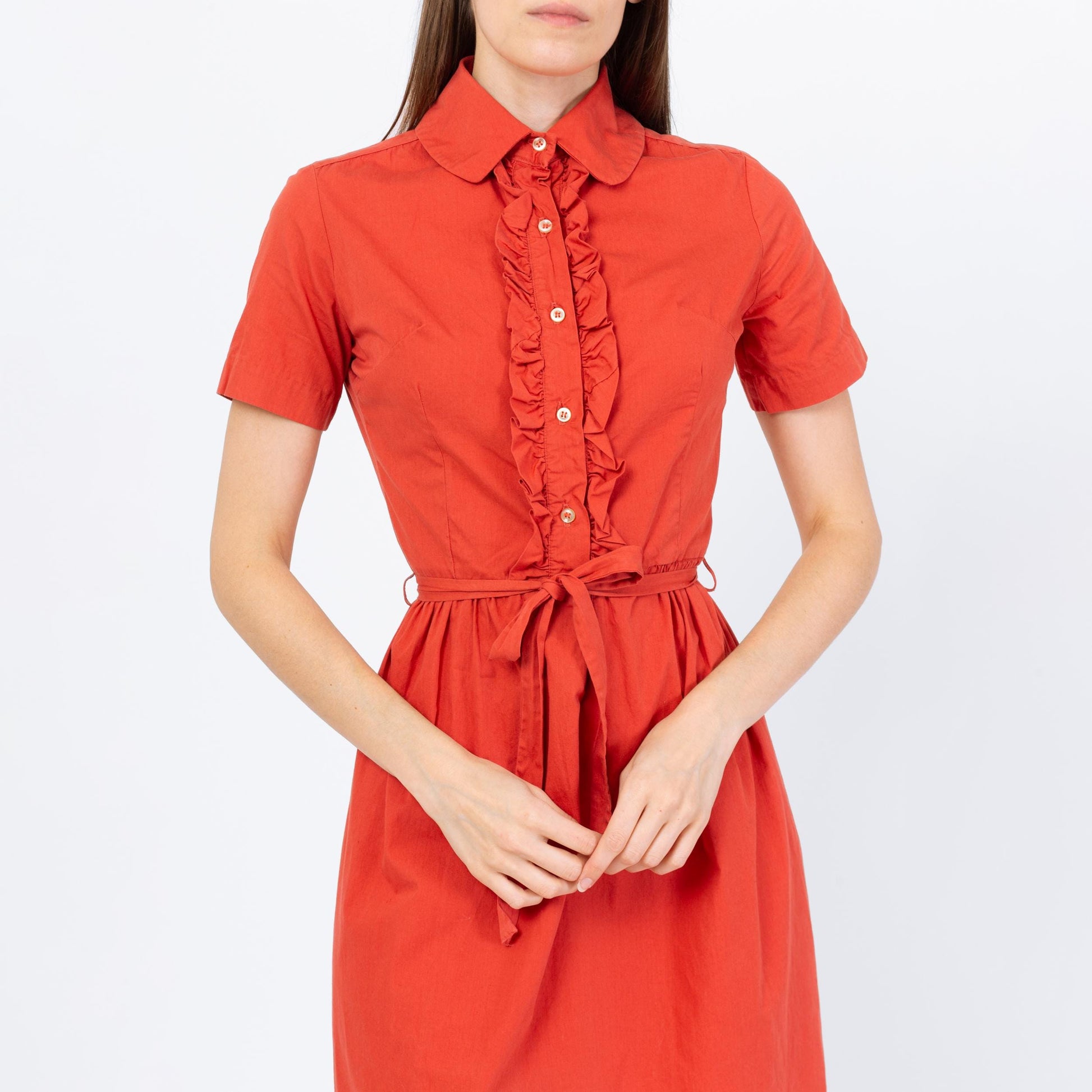 Vintage 50s 60s Salmon Pink Belted Shirtdress - Extra Small | Short Sleeve Ruffle Neck Button Up Mini Dress