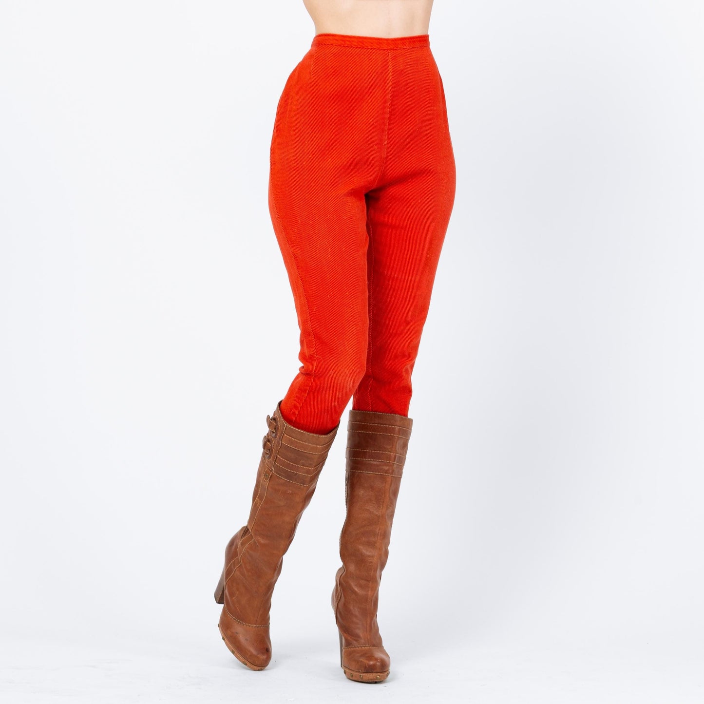 Vintage 50s Orange Twill Side Zip Cigarette Pants - Petite Small, 25.5" Waist | Retro 1950s Tapered Leg High Waisted Pedal Pusher Trousers