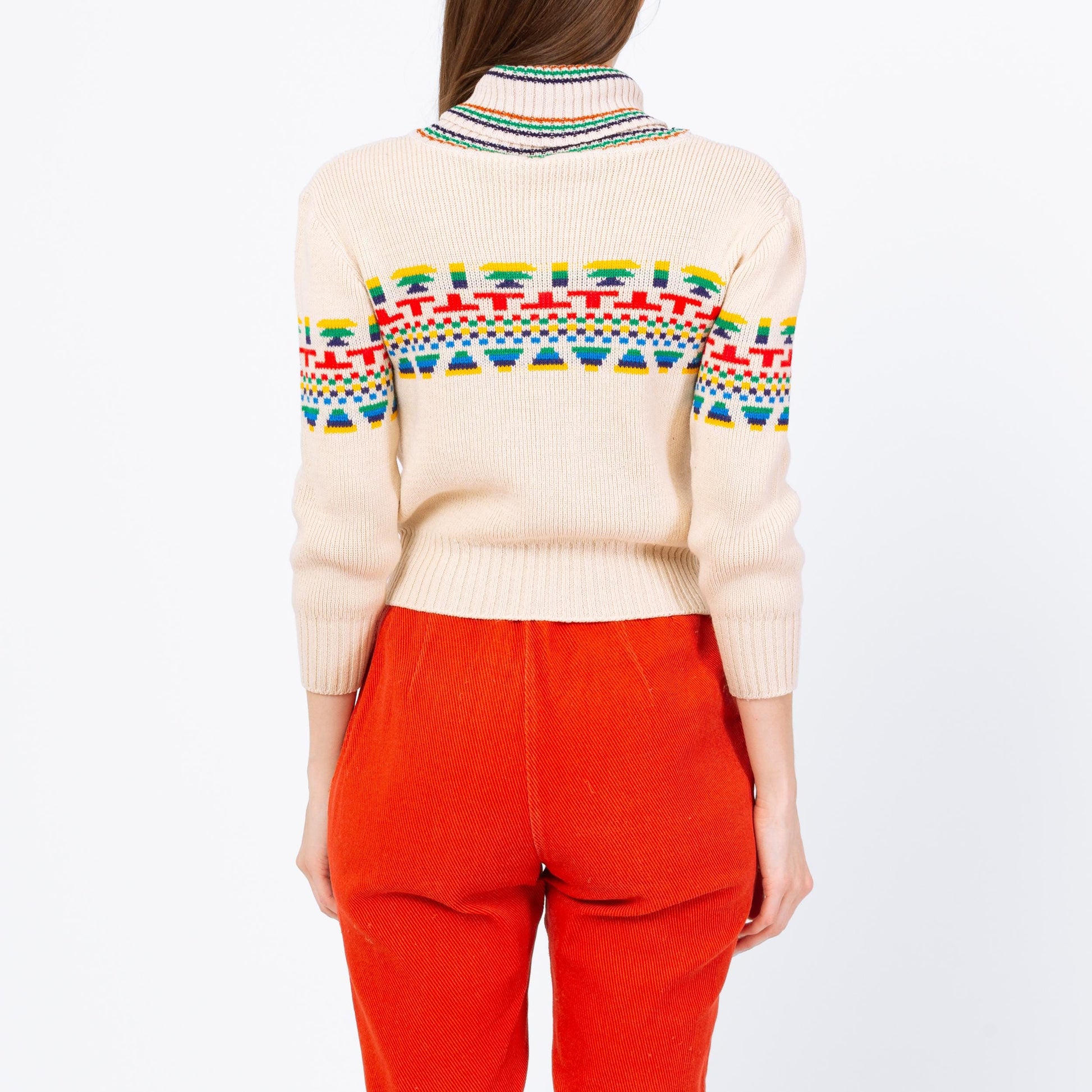 Vintage 70s Southwestern Striped Turtleneck Crop Top Sweater - Extra Small | Soft Cream Knit Cropped Pullover