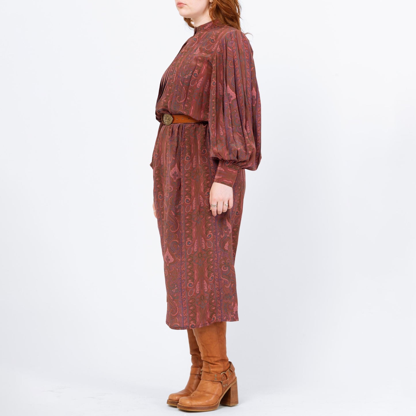 Vintage 90s Silk Paisley Balloon Sleeve Shirtdress - Medium