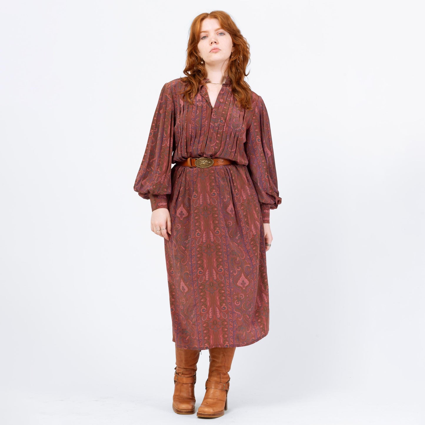 Vintage 90s Silk Paisley Balloon Sleeve Shirtdress - Medium