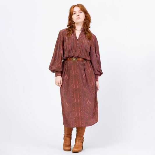 Vintage 90s Silk Paisley Balloon Sleeve Shirtdress - Medium