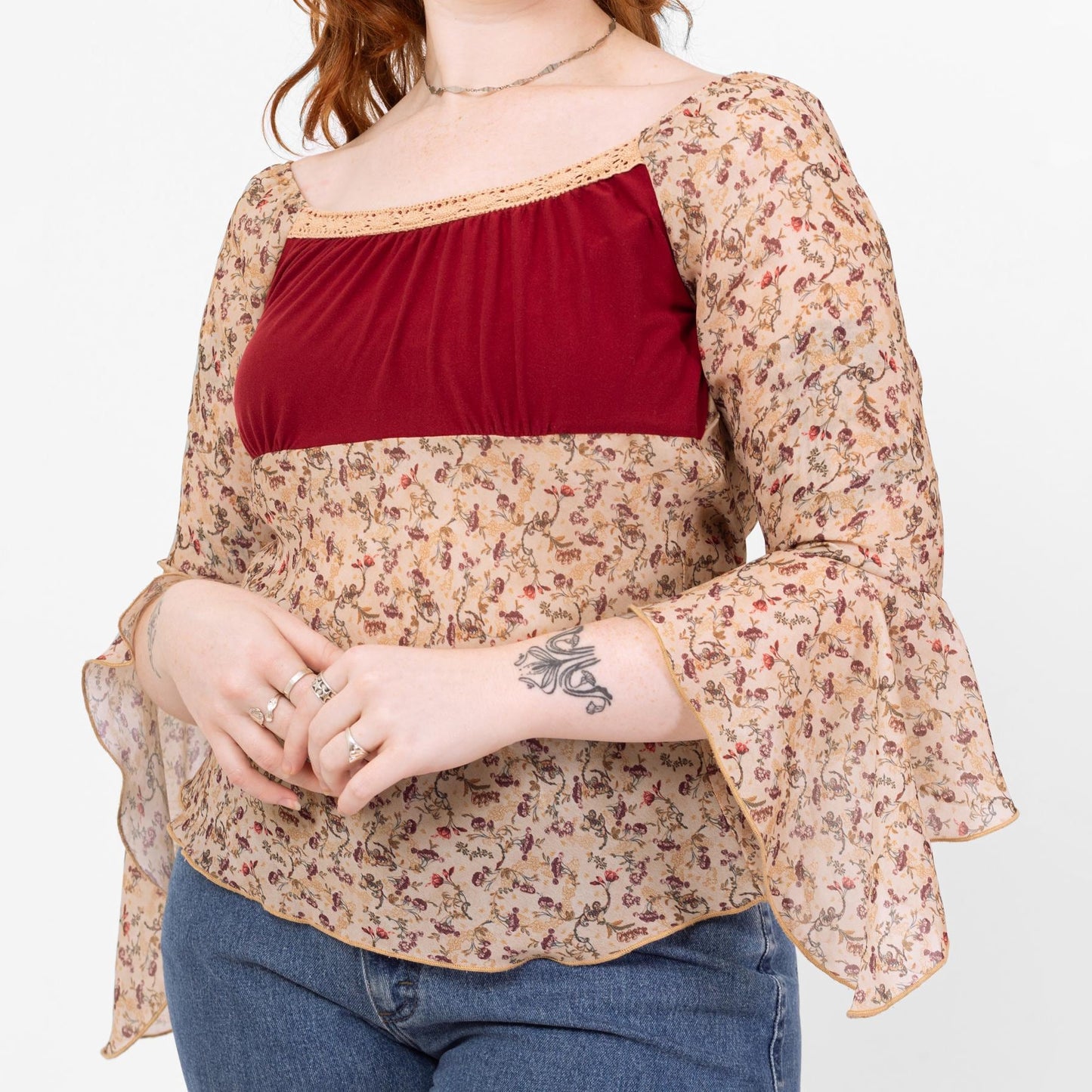 Vintage 90s Boho Bell Sleeve Renaissance Blouse - Medium | Romantic Sheer Sleeve Festival Top, Floral Babydoll Peasant Shirt