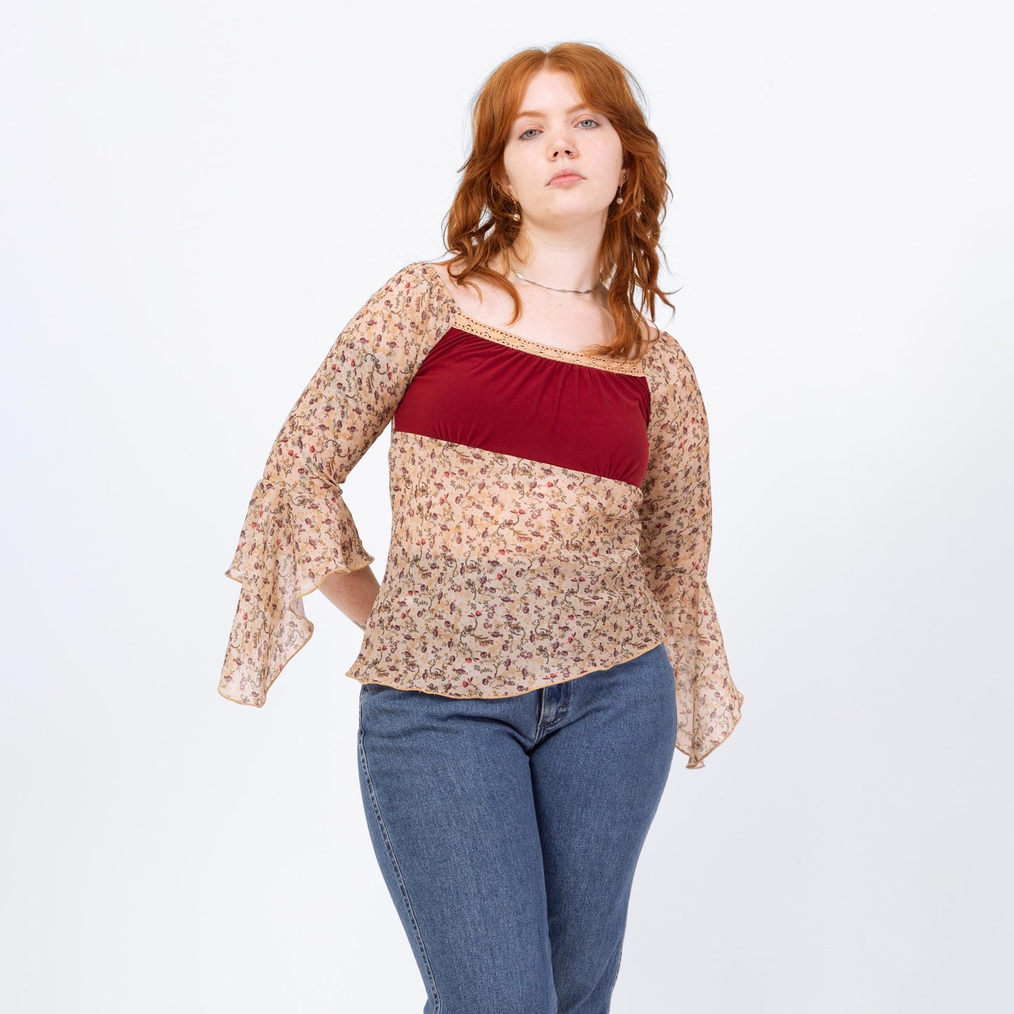 Vintage 90s Boho Bell Sleeve Renaissance Blouse - Medium | Romantic Sheer Sleeve Festival Top, Floral Babydoll Peasant Shirt