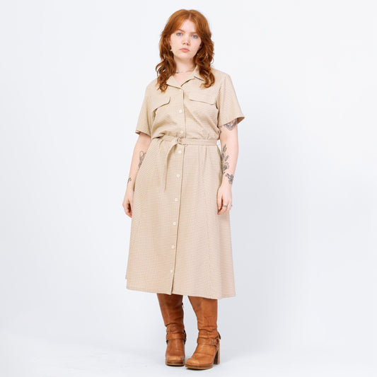 Vintage 90s Taupe Gingham Seersucker Belted Midi Shirtdress - Extra Large | Lightweight Button Up Collared Short Sleeve Dress