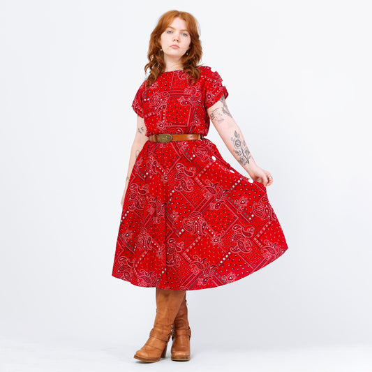 Vintage 80s Red Bandana Print Square Dance Dress - Large | Western Short Sleeve Fit Flare Midi Shirtdress