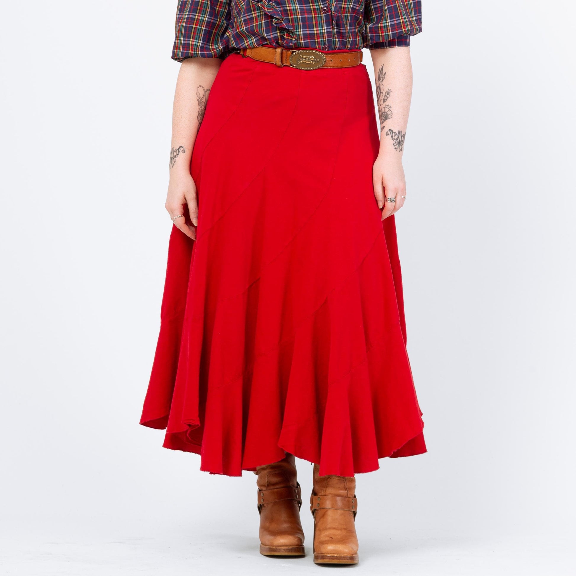 Vintage 90s Red Trumpet Hem Maxi Skirt - Medium to Large | Cotton High Waisted Long Skirt