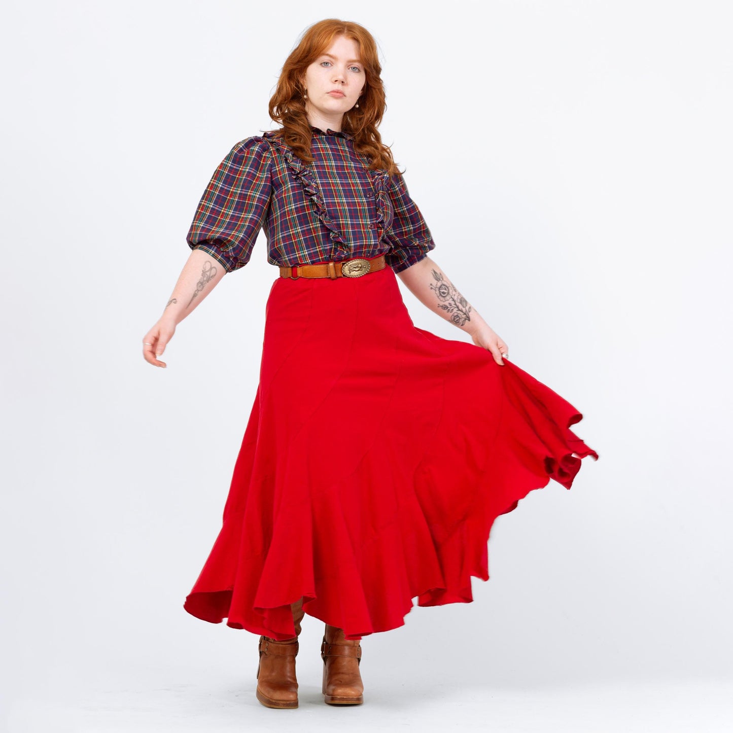 Vintage 90s Red Trumpet Hem Maxi Skirt - Medium to Large | Cotton High Waisted Long Skirt
