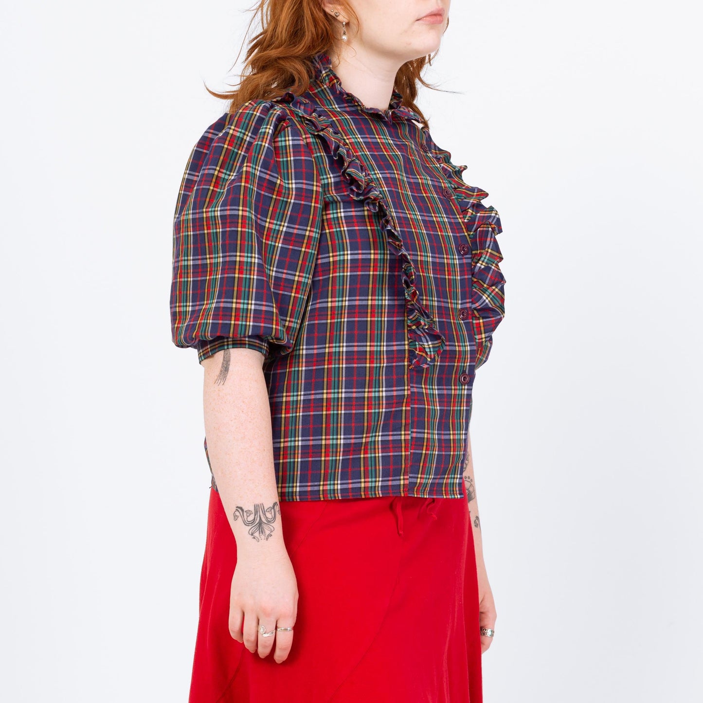 Vintage 70s Plaid Puff Sleeve Blouse - Medium | Prairie Ruffle Collar Button Up Top