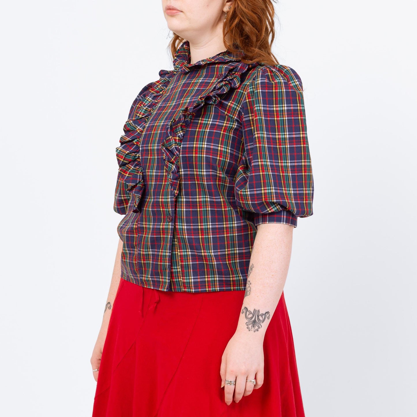 Vintage 70s Plaid Puff Sleeve Blouse - Medium | Prairie Ruffle Collar Button Up Top