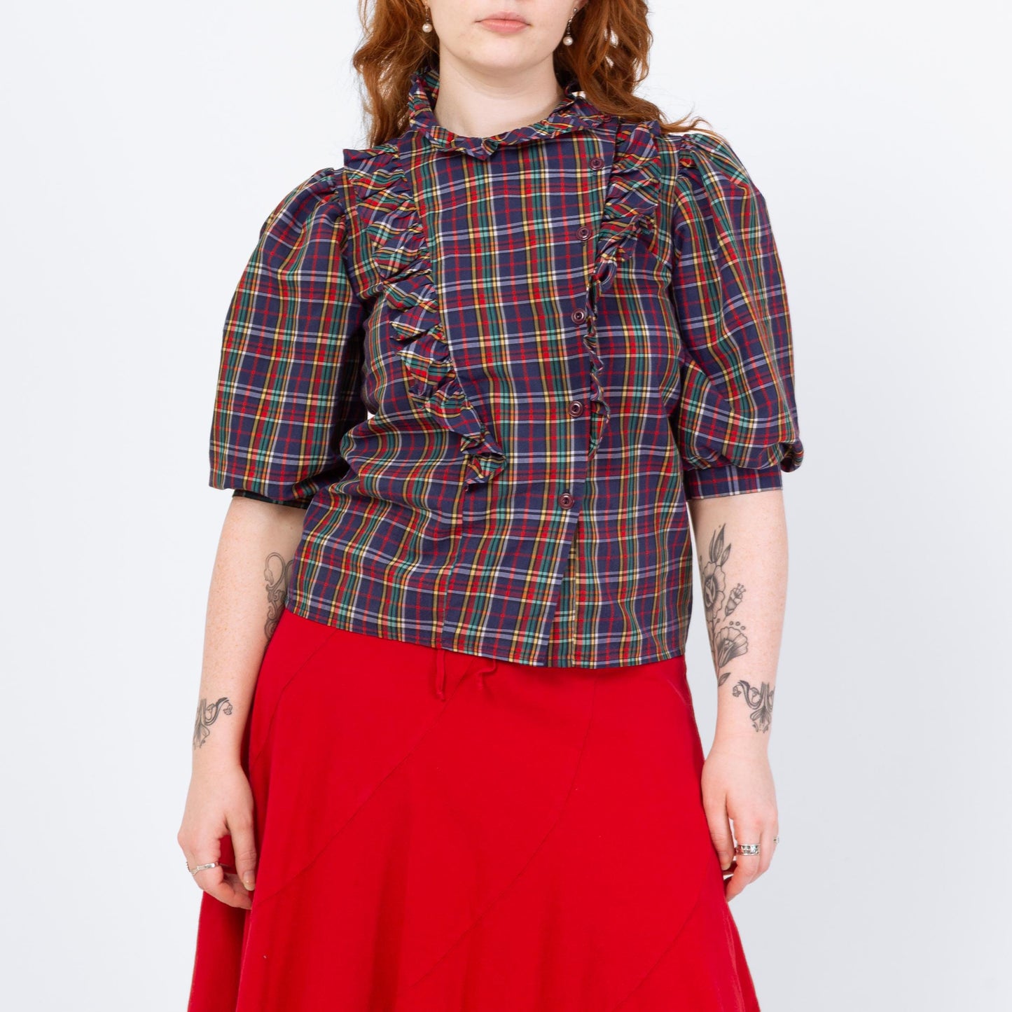 Vintage 70s Plaid Puff Sleeve Blouse - Medium | Prairie Ruffle Collar Button Up Top