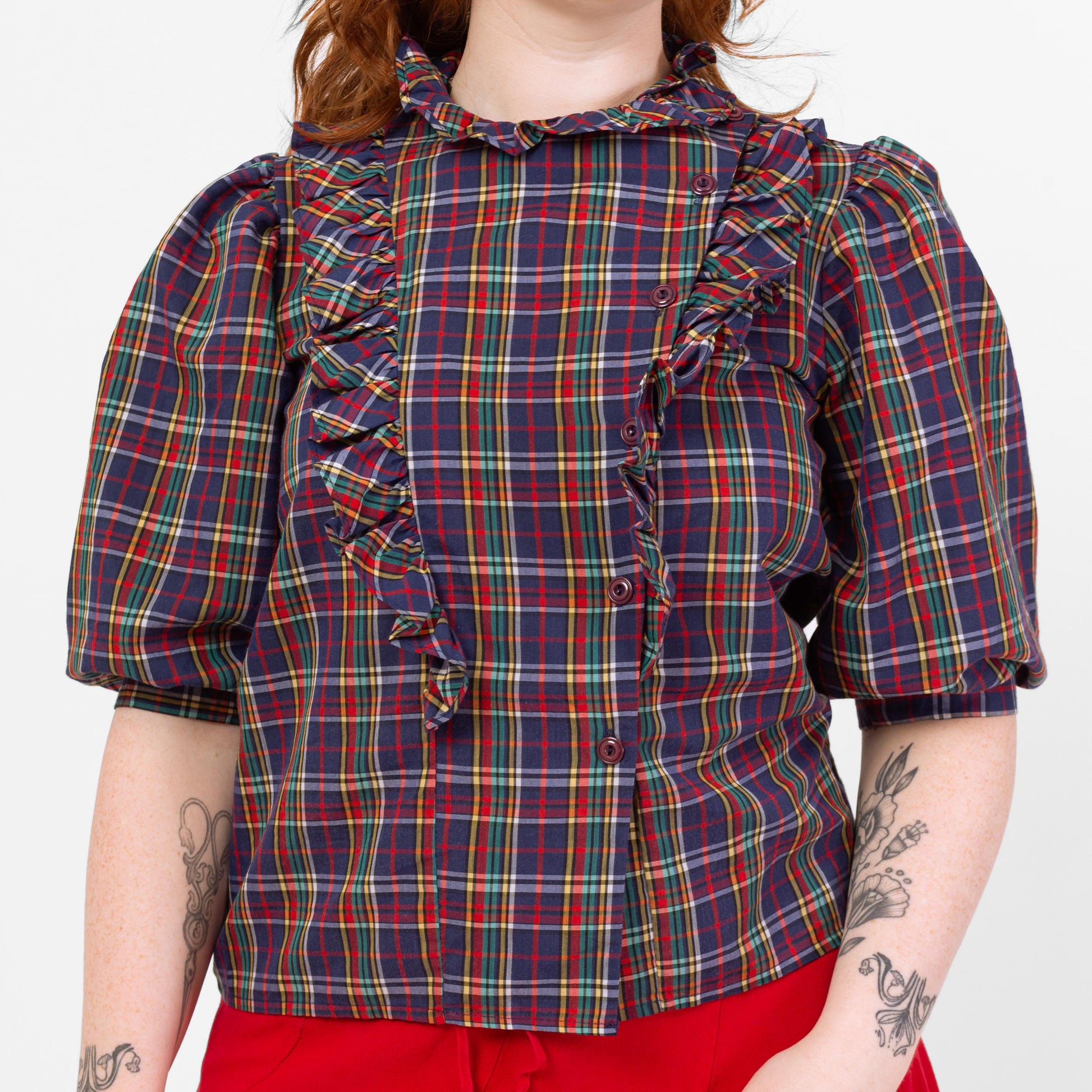 Vintage 70s Plaid Puff Sleeve Blouse - Medium | Prairie Ruffle Collar Button Up Top