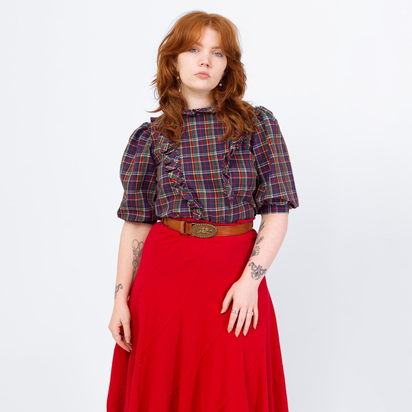 Vintage 70s Plaid Puff Sleeve Blouse - Medium | Prairie Ruffle Collar Button Up Top