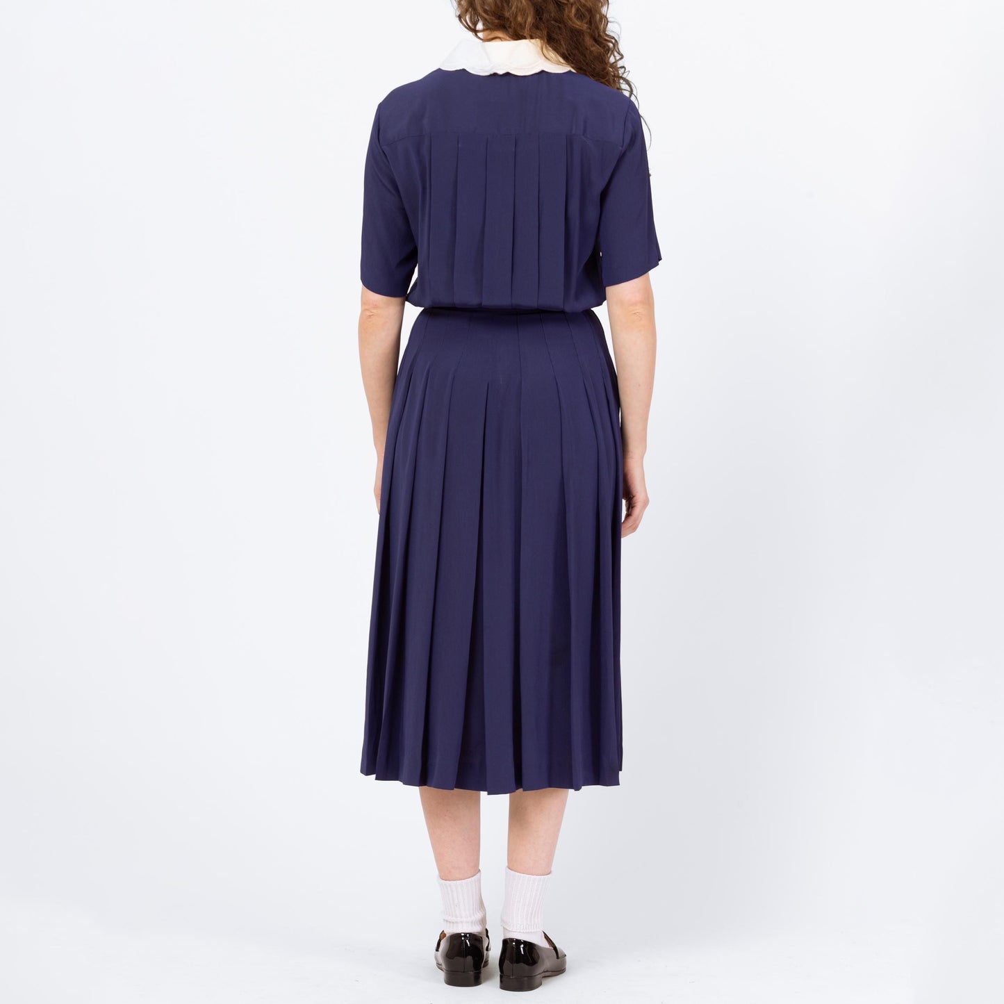 Vintage 90s Navy Blue Lace Collar Blouson Shirtdress - Medium