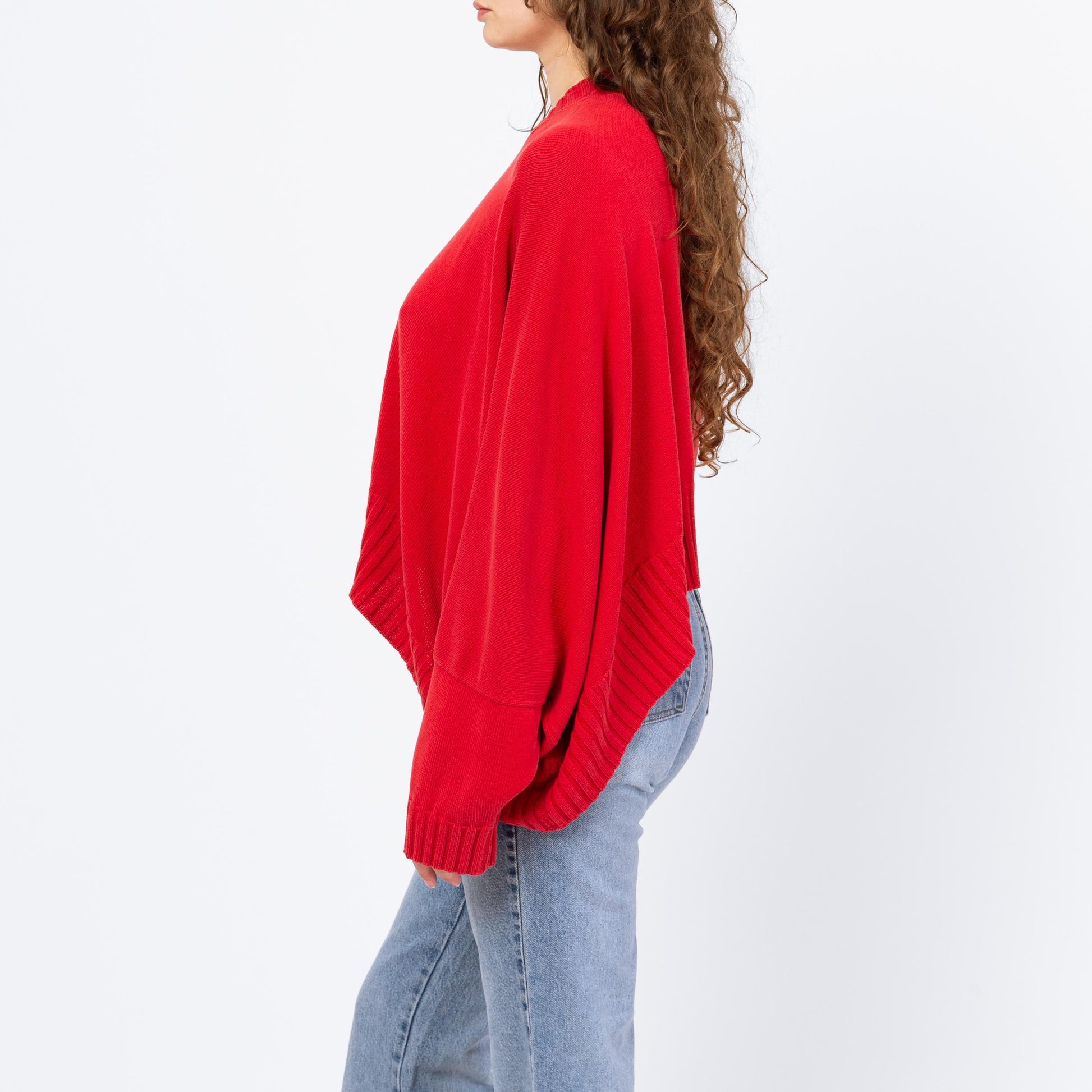 Vintage 90s Shirin Guild Red Cotton Asymmetric Knit Sweater - One Size | Slouchy Cropped Sweater, Crew Neck Pullover
