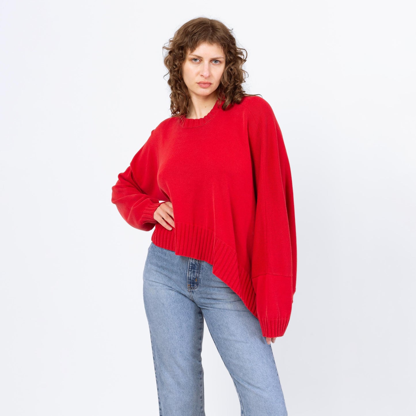 Vintage 90s Shirin Guild Red Cotton Asymmetric Knit Sweater - One Size | Slouchy Cropped Sweater, Crew Neck Pullover