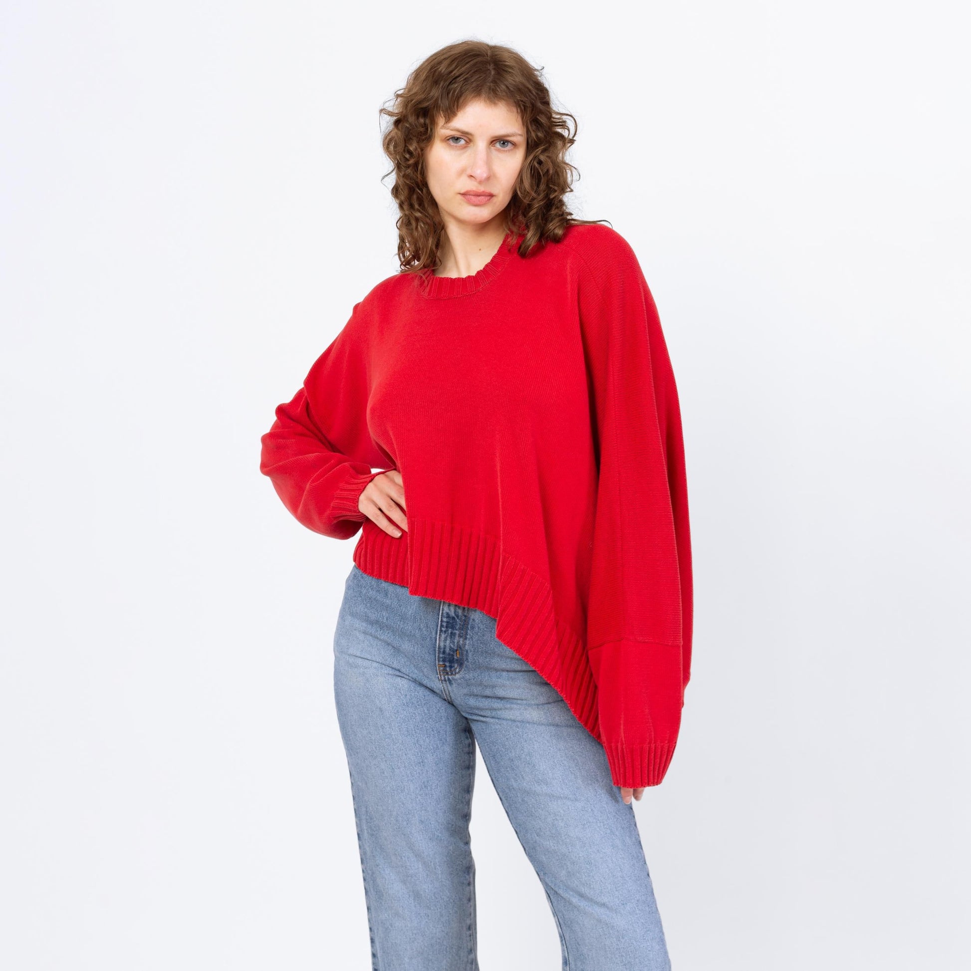 Vintage 90s Shirin Guild Red Cotton Asymmetric Knit Sweater - One Size | Slouchy Cropped Sweater, Crew Neck Pullover