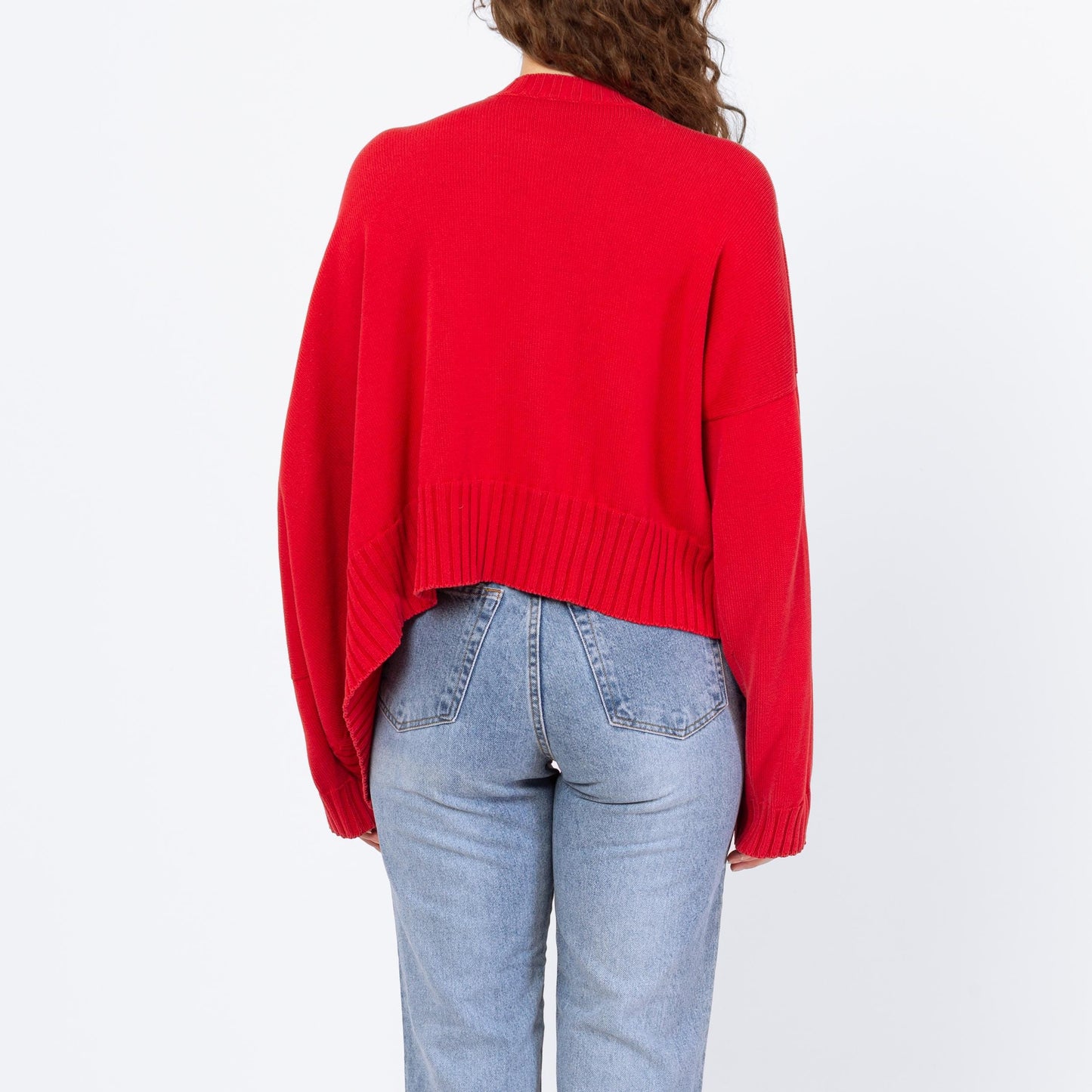 Vintage 90s Shirin Guild Red Cotton Asymmetric Knit Sweater - One Size | Slouchy Cropped Sweater, Crew Neck Pullover