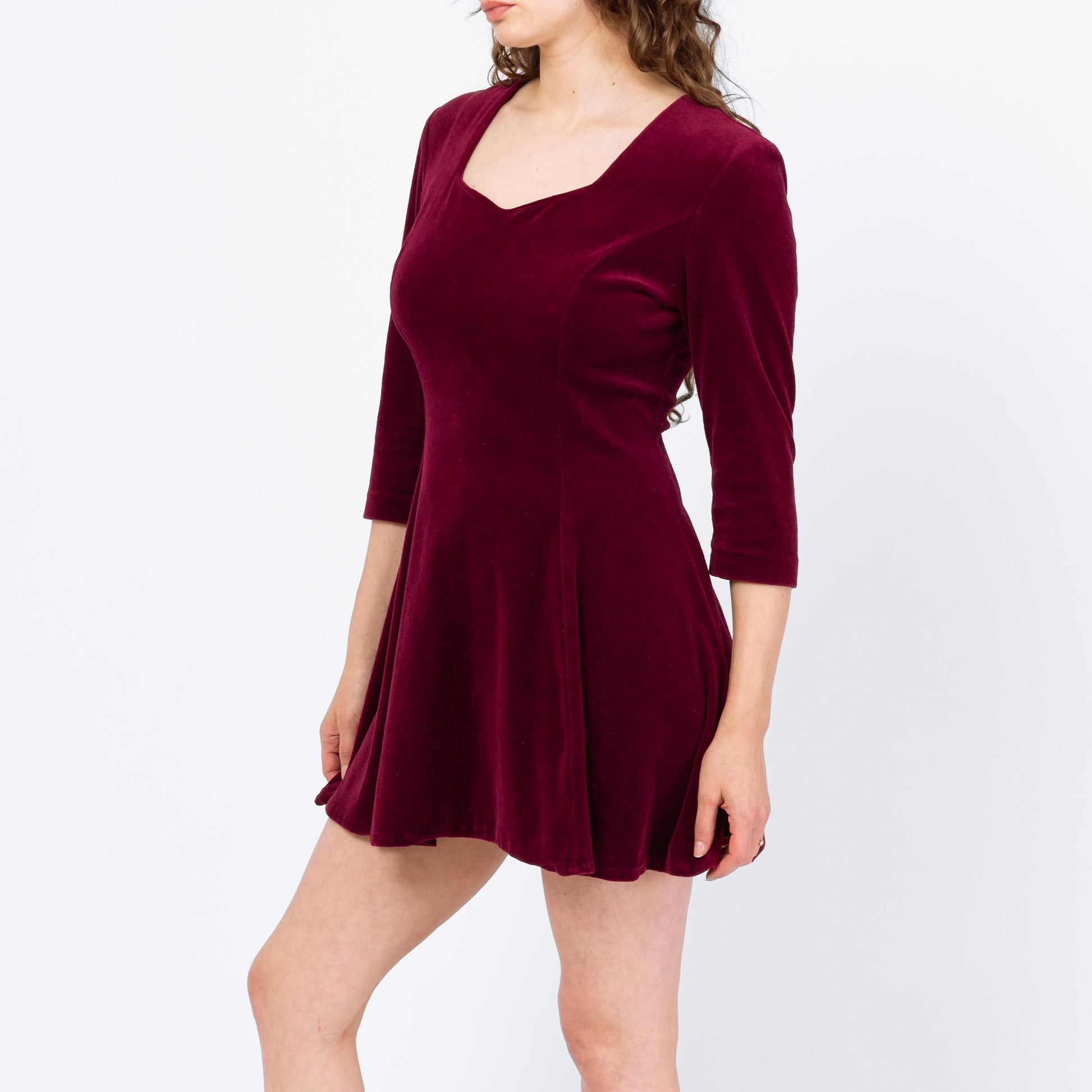 Vintage 90s Wine Red Velour Mini Dress - Medium to Large | Whimsigoth Dress, 3/4 Sleeve Grunge Skater Dress