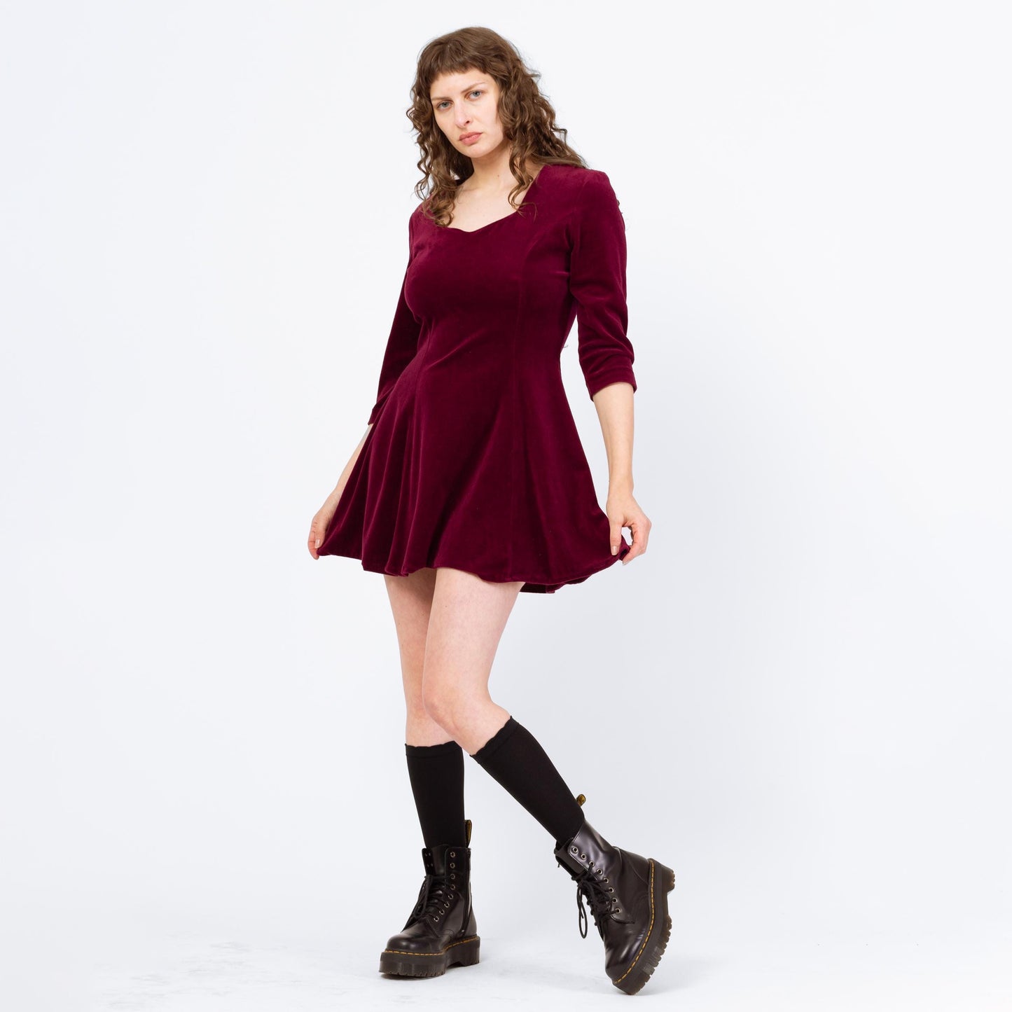 Vintage 90s Wine Red Velour Mini Dress - Medium to Large | Whimsigoth Dress, 3/4 Sleeve Grunge Skater Dress