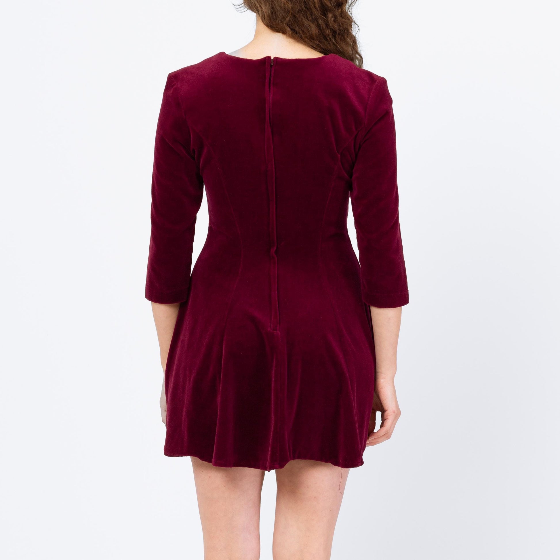 Vintage 90s Wine Red Velour Mini Dress - Medium to Large | Whimsigoth Dress, 3/4 Sleeve Grunge Skater Dress