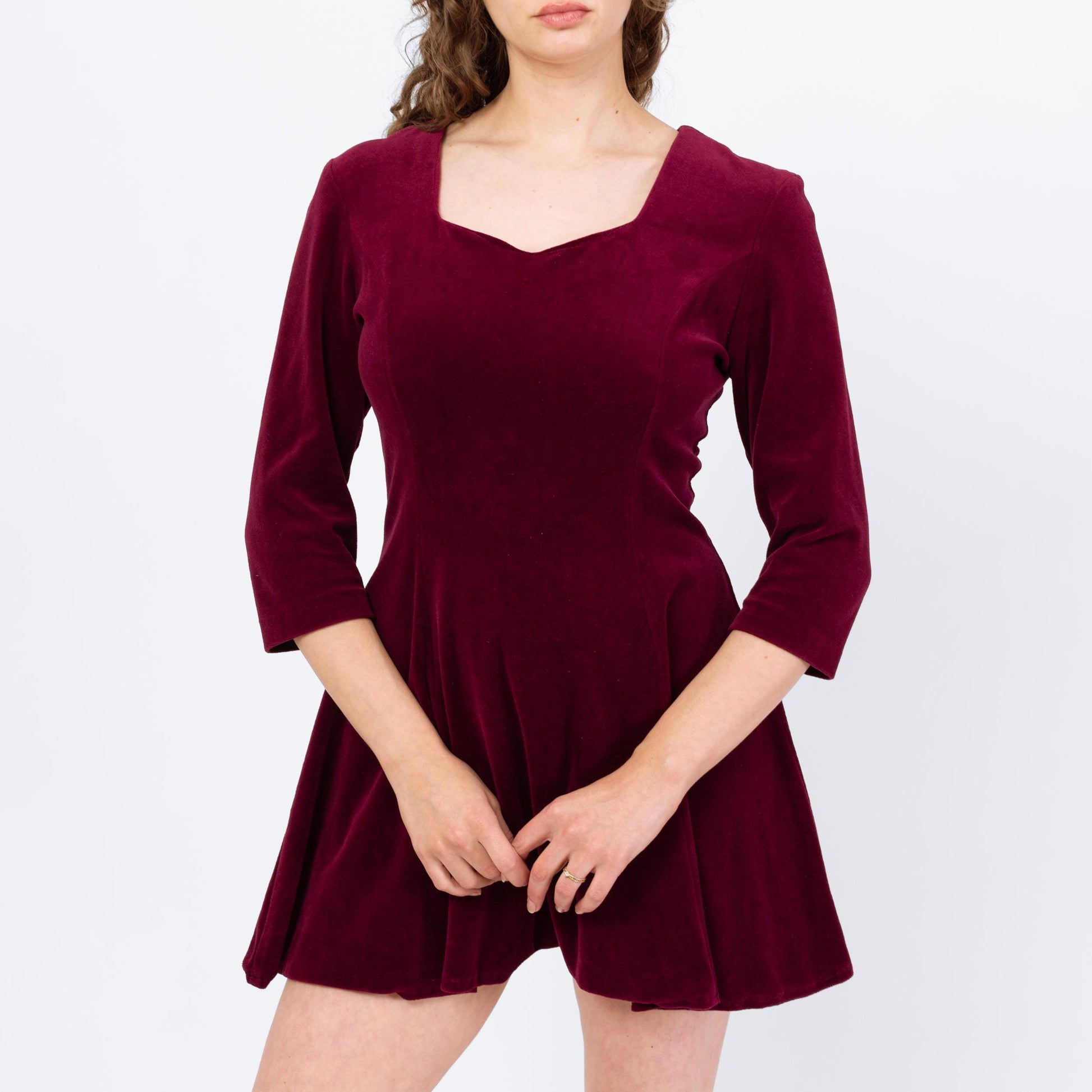 Vintage 90s Wine Red Velour Mini Dress - Medium to Large | Whimsigoth Dress, 3/4 Sleeve Grunge Skater Dress