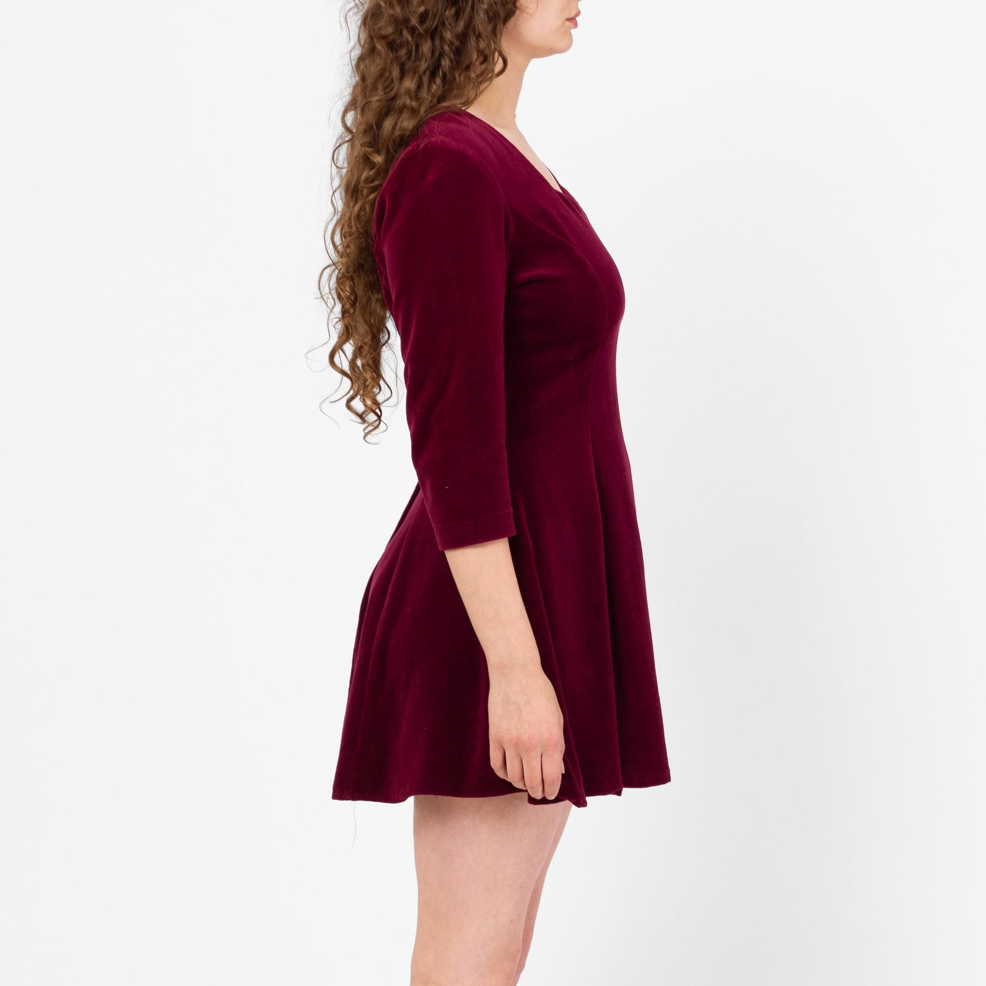 Vintage 90s Wine Red Velour Mini Dress - Medium to Large | Whimsigoth Dress, 3/4 Sleeve Grunge Skater Dress