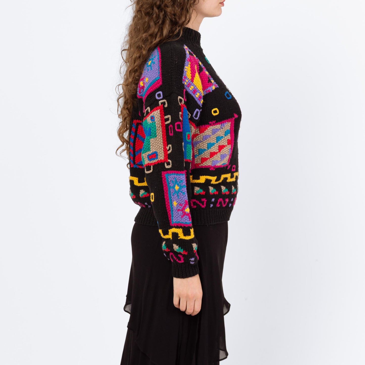 Vintage 90s Geometric Slouchy 3D Knit Sweater - Medium | Black Abstract Grunge Mockneck Pullover