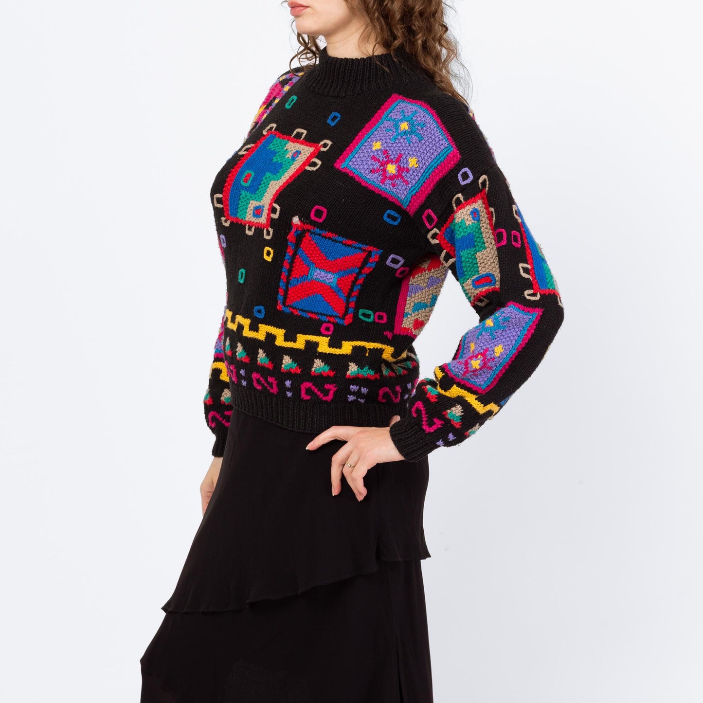 Vintage 90s Geometric Slouchy 3D Knit Sweater - Medium | Black Abstract Grunge Mockneck Pullover